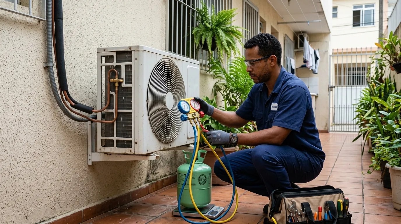 Técnico fazendo carga de gás na condensadora do ar-condicionado em São José do Rio Preto‑SP