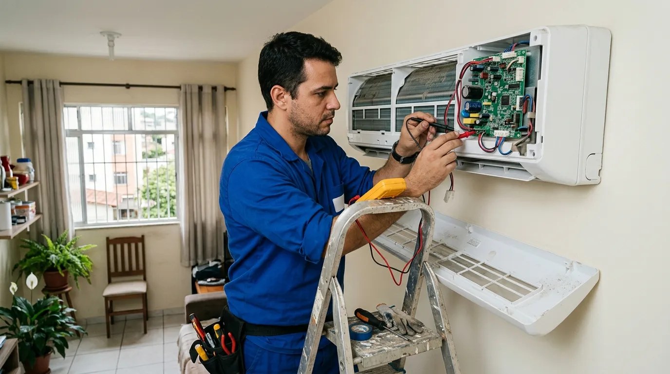 Técnico trocando a placa eletrônica de ar-condicionado split em São José do Rio Preto‑SP