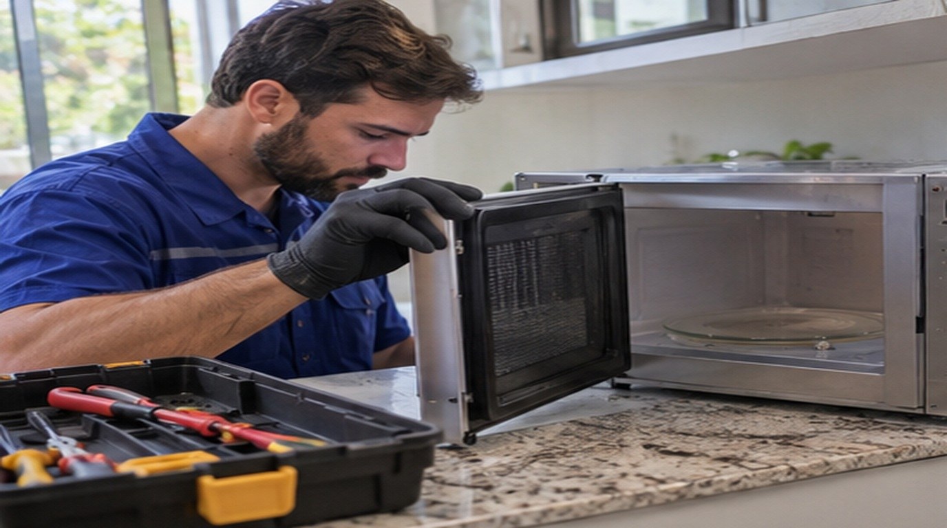Conserto de micro-ondas em São José do Rio Preto‑SP: técnico abrindo um micro-ondas de bancada