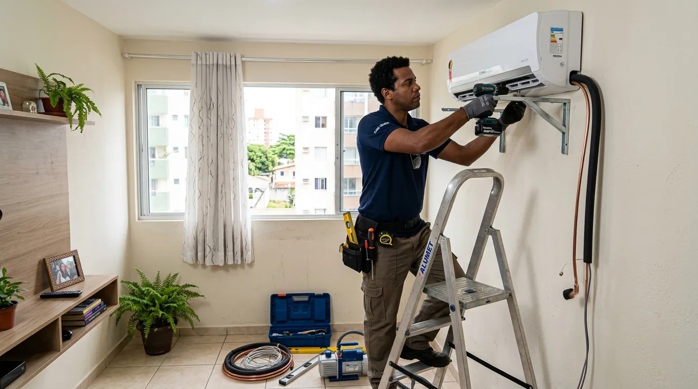 Técnico instalando ar-condicionado split em residência em São José do Rio Preto‑SP
