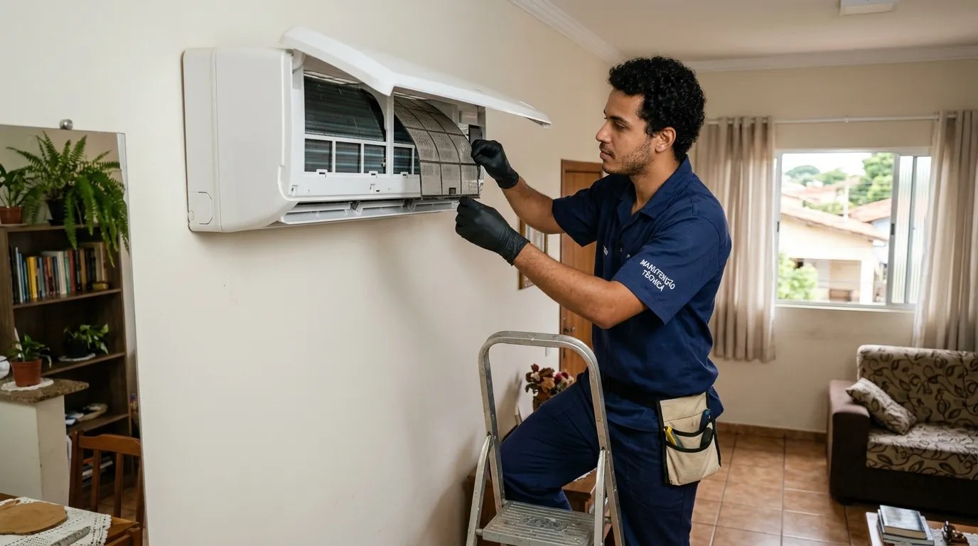 Técnico fazendo limpeza e higienização de ar-condicionado split em São José do Rio Preto‑SP