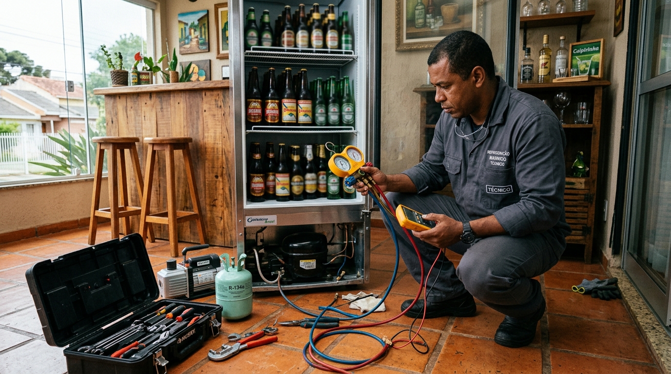 Técnico revisando o motor de uma cervejeira durante chamado em São José do Rio Preto‑SP
