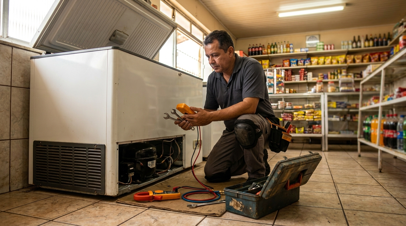Técnico reparando o motor de um freezer horizontal em São José do Rio Preto‑SP