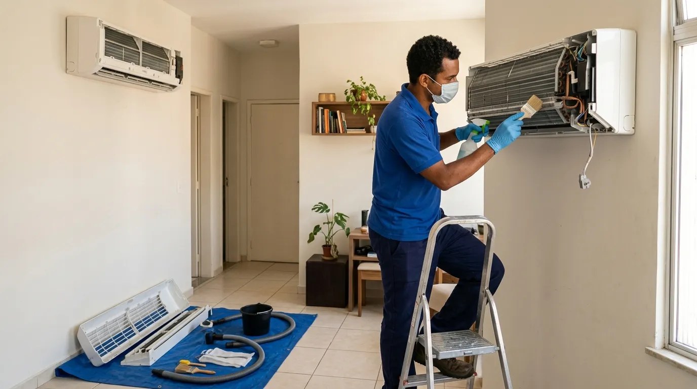 Técnico fazendo manutenção de ar-condicionado split em São José do Rio Preto‑SP